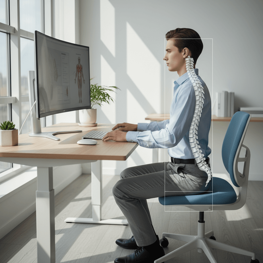 Person demonstrating correct sitting posture at desk