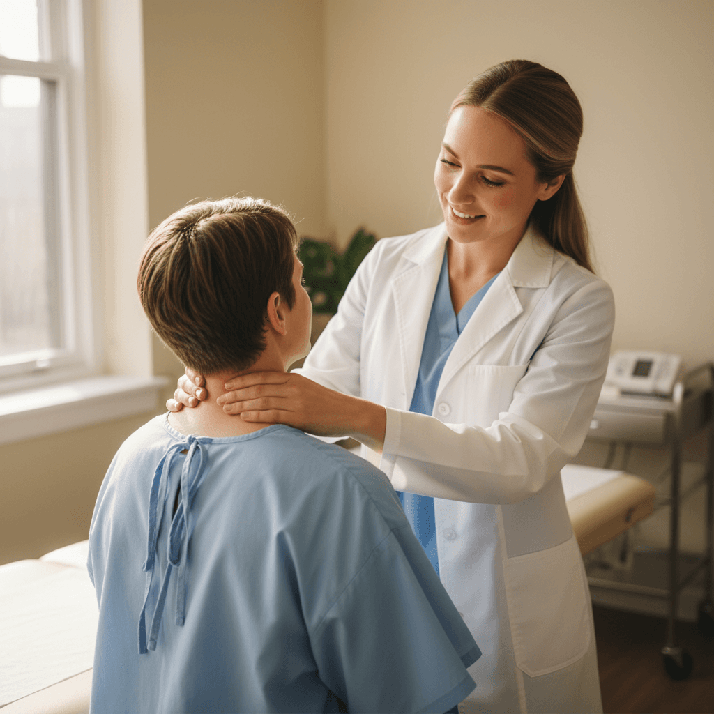 Healthcare professional performing neck and spine assessment